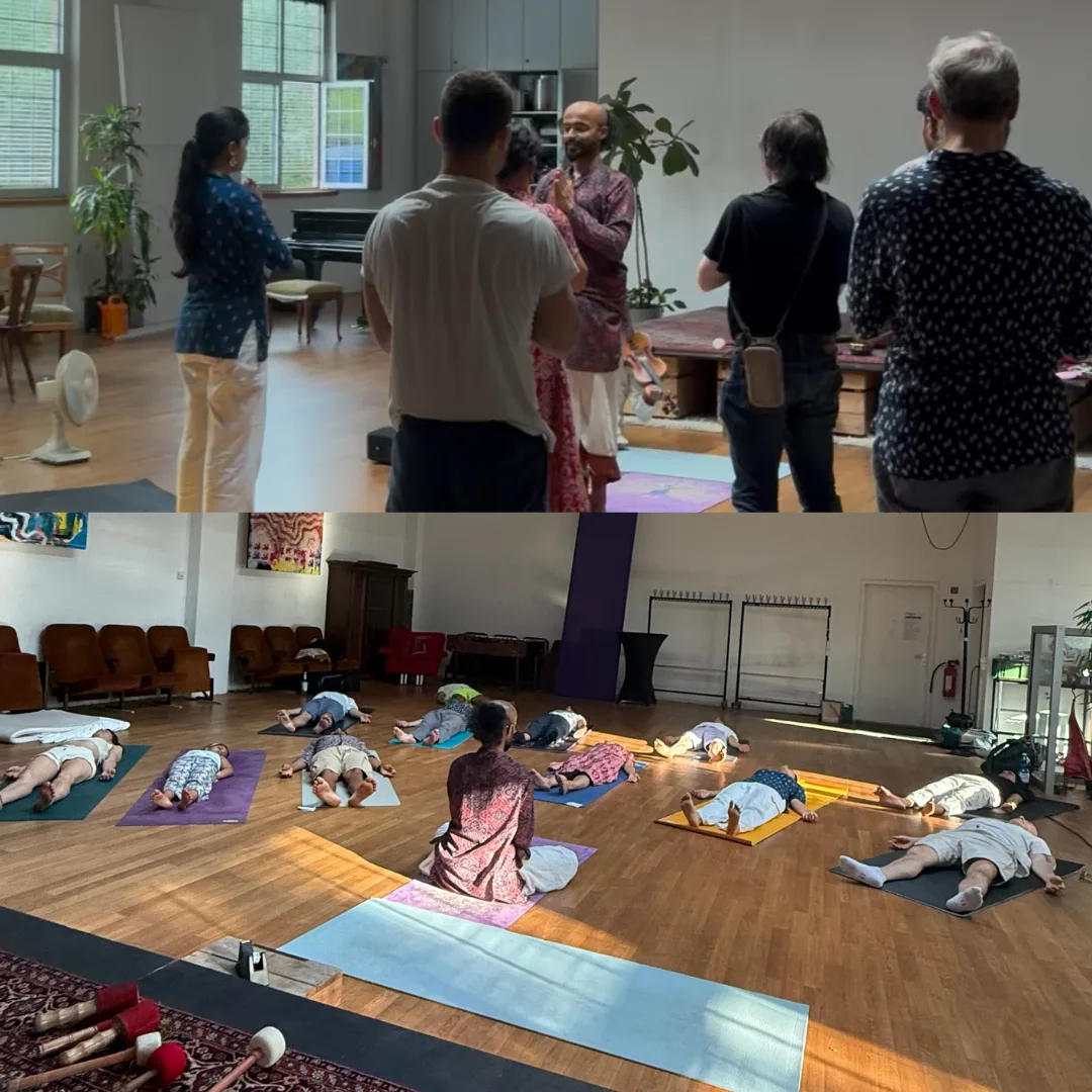 Abhay Koushik guiding participants through a workplace Yoga workshop in Frankfurt